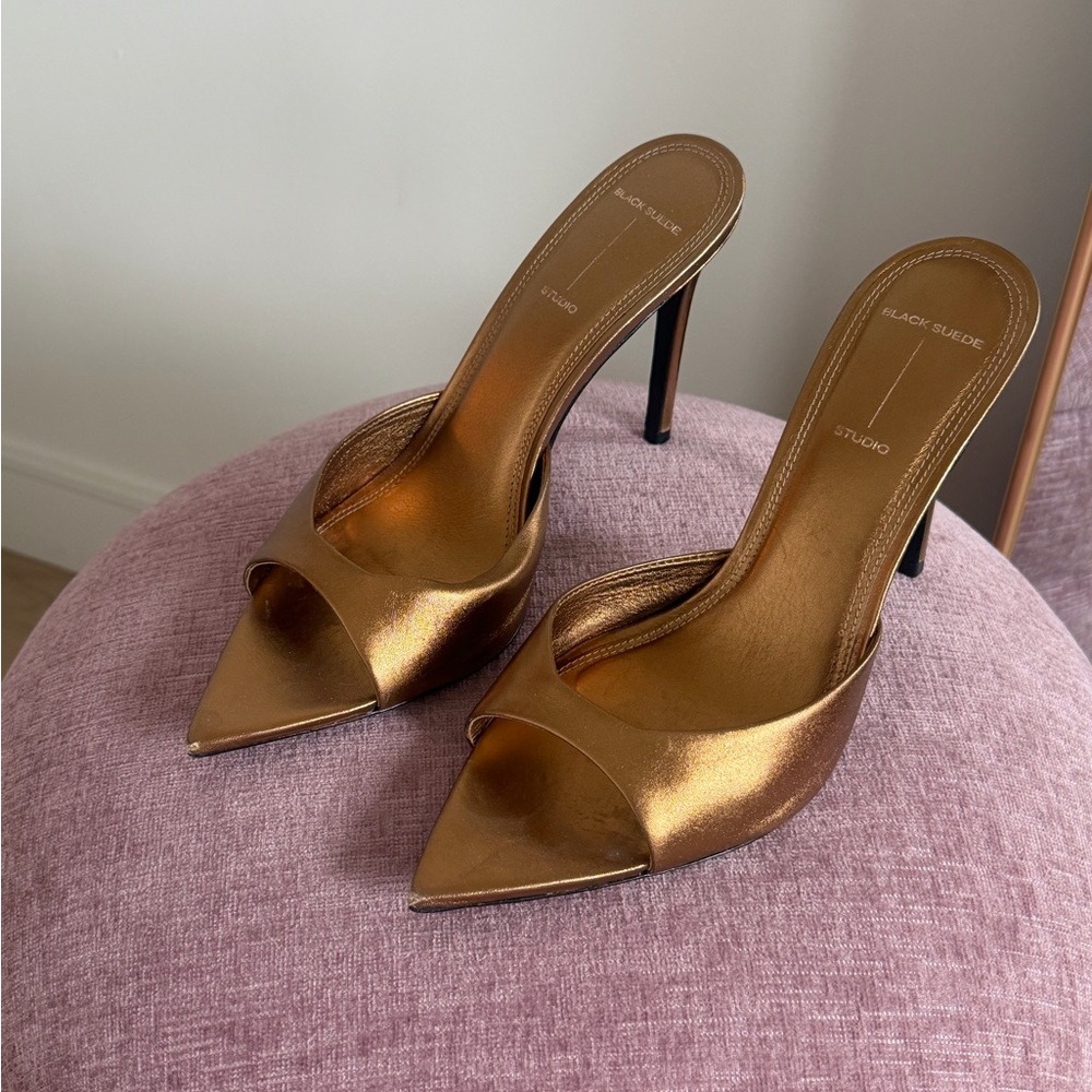 Black Suede Studio MetallicBronze Open-Toe Stiletto Mules